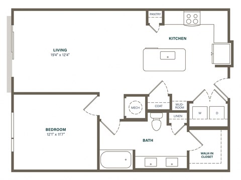 Floor plan for 1 bed, 1 bath, 829 sqft